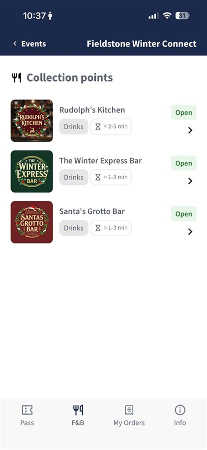 Event app list of bars, each open with an estimated wait time
