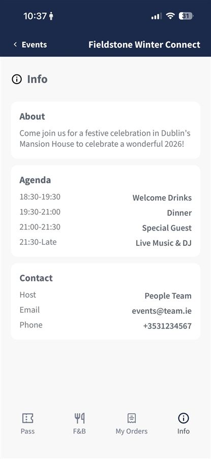 Event app info screen with the agenda and host contacts