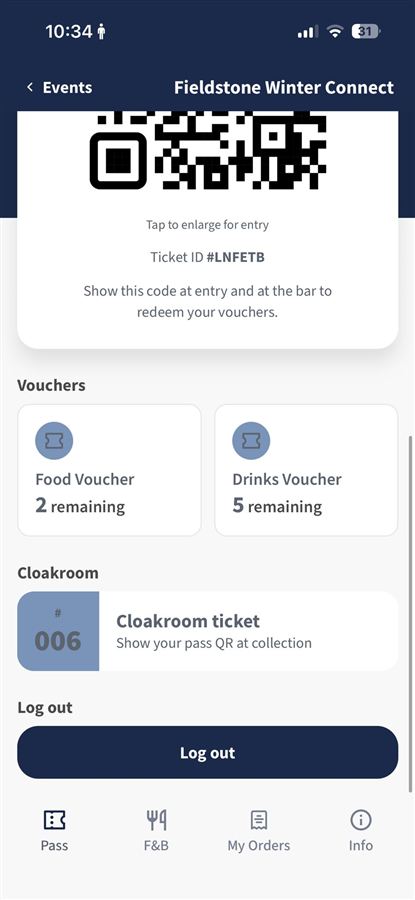 Event app pass with QR code, food and drink vouchers remaining and a cloakroom ticket