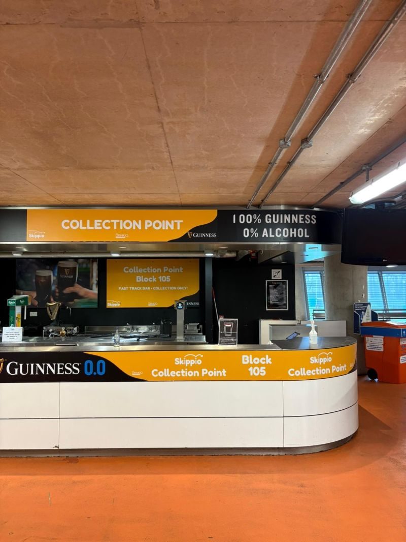 Skippio collection point with Guinness 0.0 branding at the Aviva Stadium
