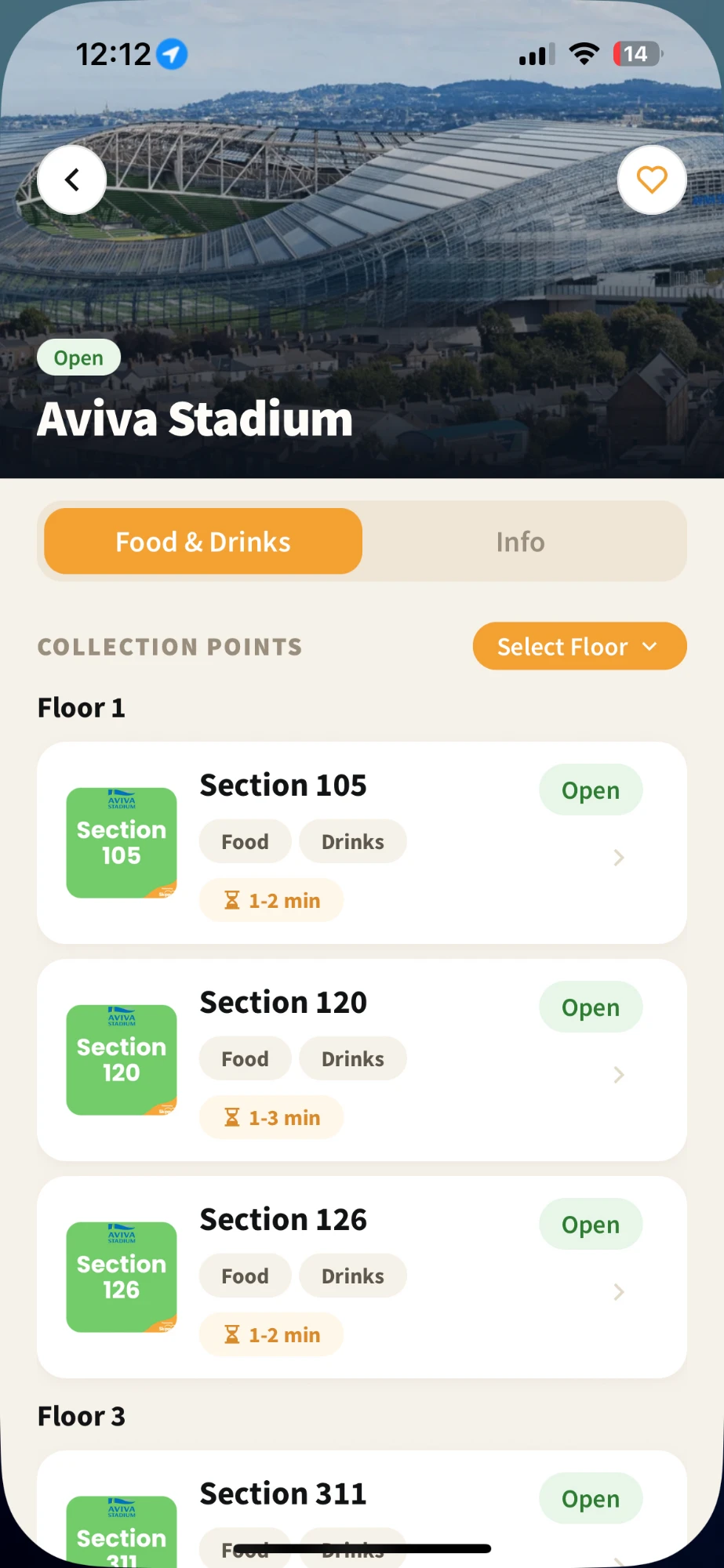 Skippio ordering screen for the Aviva Stadium listing collection points by floor, each with its wait time