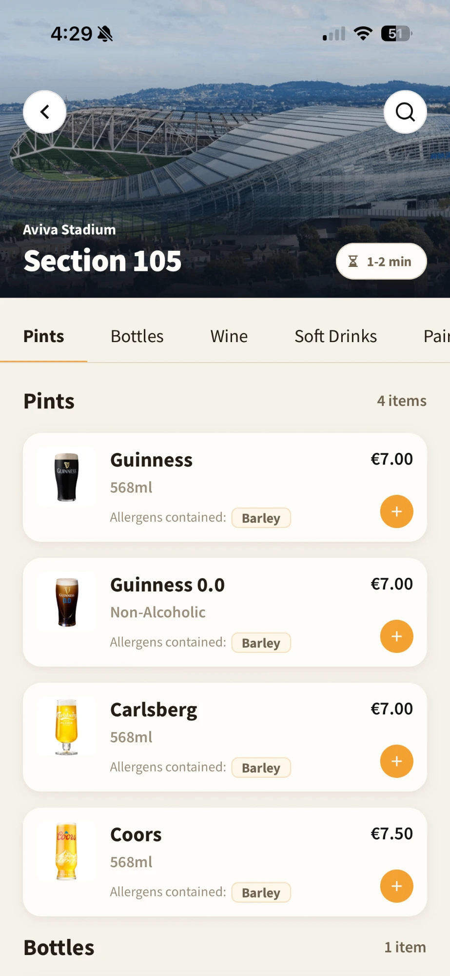 Section 105 menu at the Aviva Stadium with pints, prices and allergens