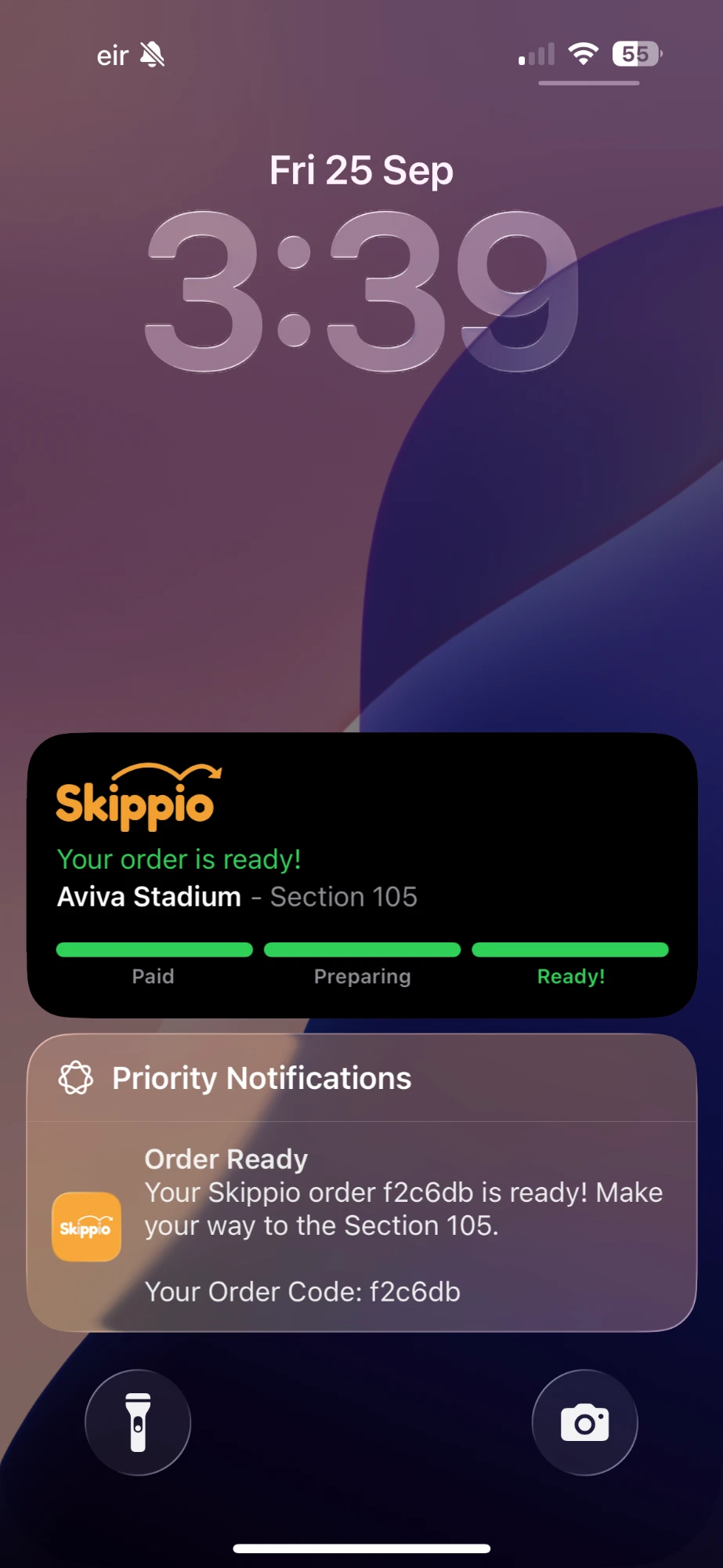 Lock screen showing a live Skippio notification that the order is ready at Section 105